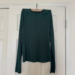 Free People Dark Teal Ribbed Long Sleeve Crewneck Top